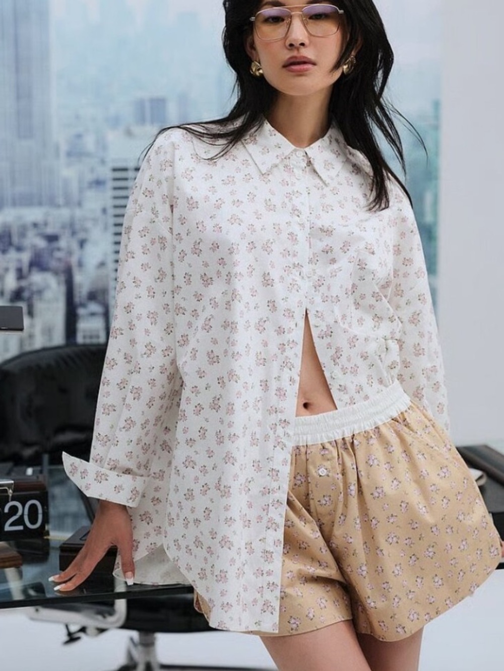 NWT For Love & Lemons White Floral Oversized Button-Up Top with Pink Roses